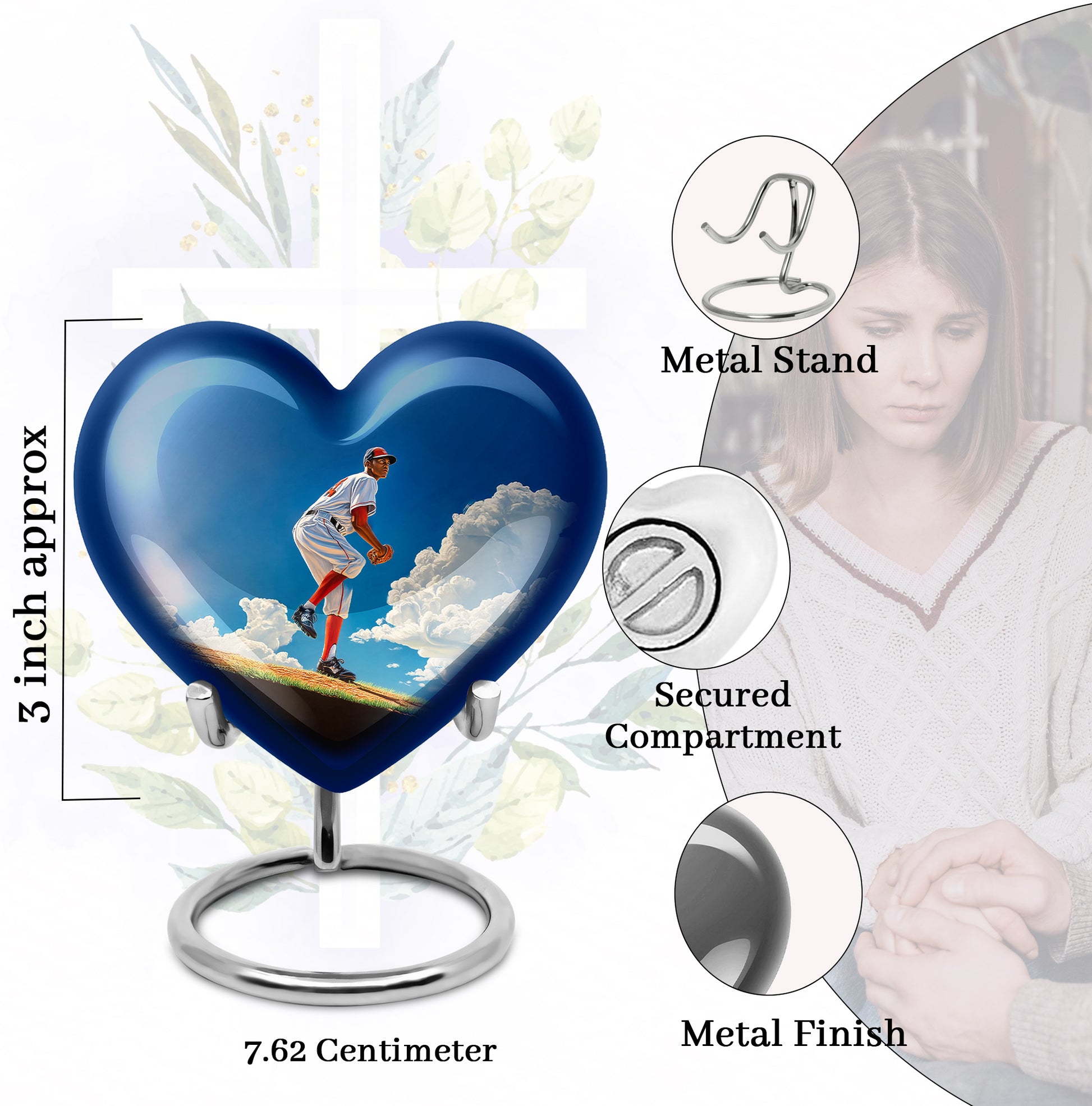 Slate Blue Baseball Cremation Urn front view showing detailed design - loving heart memorial featuring baseball pattern - mini keepsake memorial for portion of cremation ashes