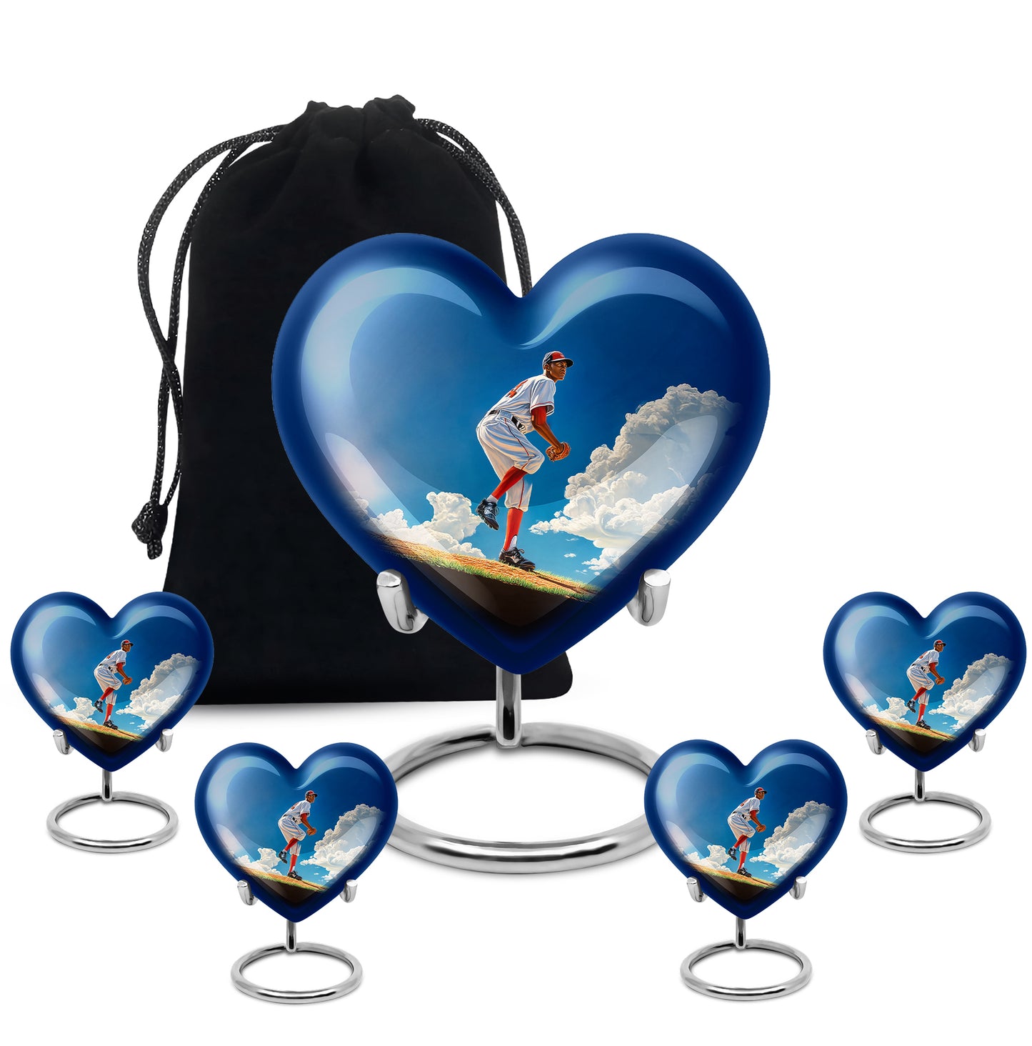 Celestial Blue Baseball Cremation Urn close-up of engraving and surface detail - heart-shaped baseball design symbolizing eternal love - memorial set with one large and four small urns