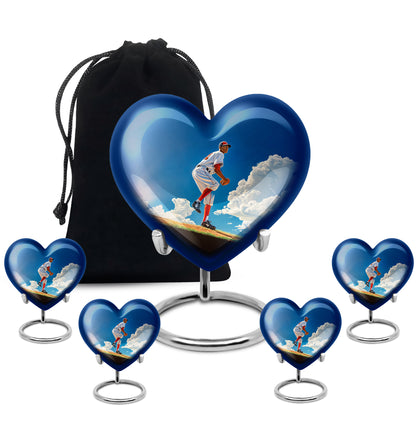 Celestial Blue Baseball Cremation Urn close-up of engraving and surface detail - heart-shaped baseball design symbolizing eternal love - memorial set with one large and four small urns