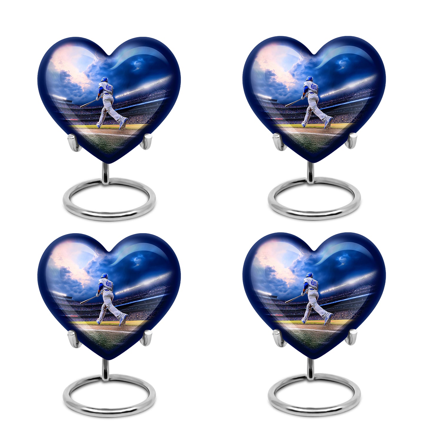 Celestial Blue Baseball Cremation Urn angled view of lid and engraved motif - heart-shaped baseball design symbolizing eternal love - 10 inch aluminum urn for cremated remains