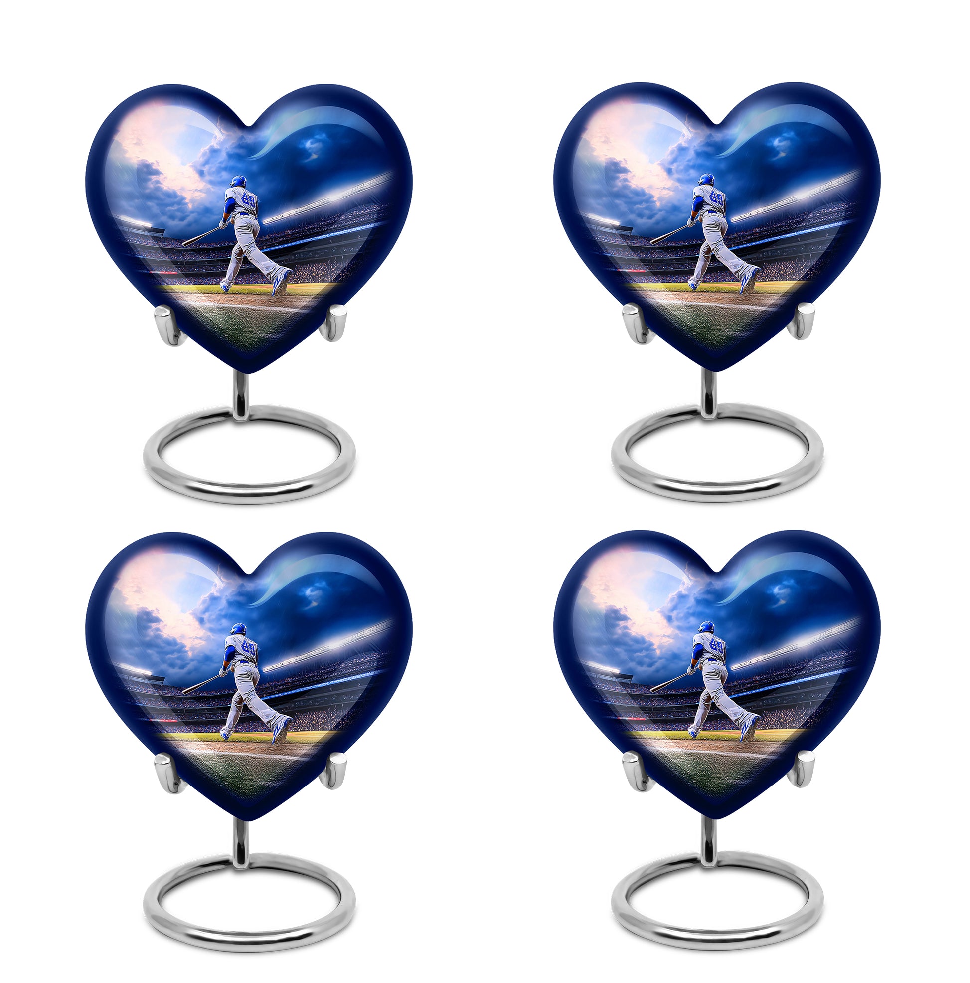 Celestial Blue Baseball Cremation Urn angled view of lid and engraved motif - heart-shaped baseball design symbolizing eternal love - 10 inch aluminum urn for cremated remains