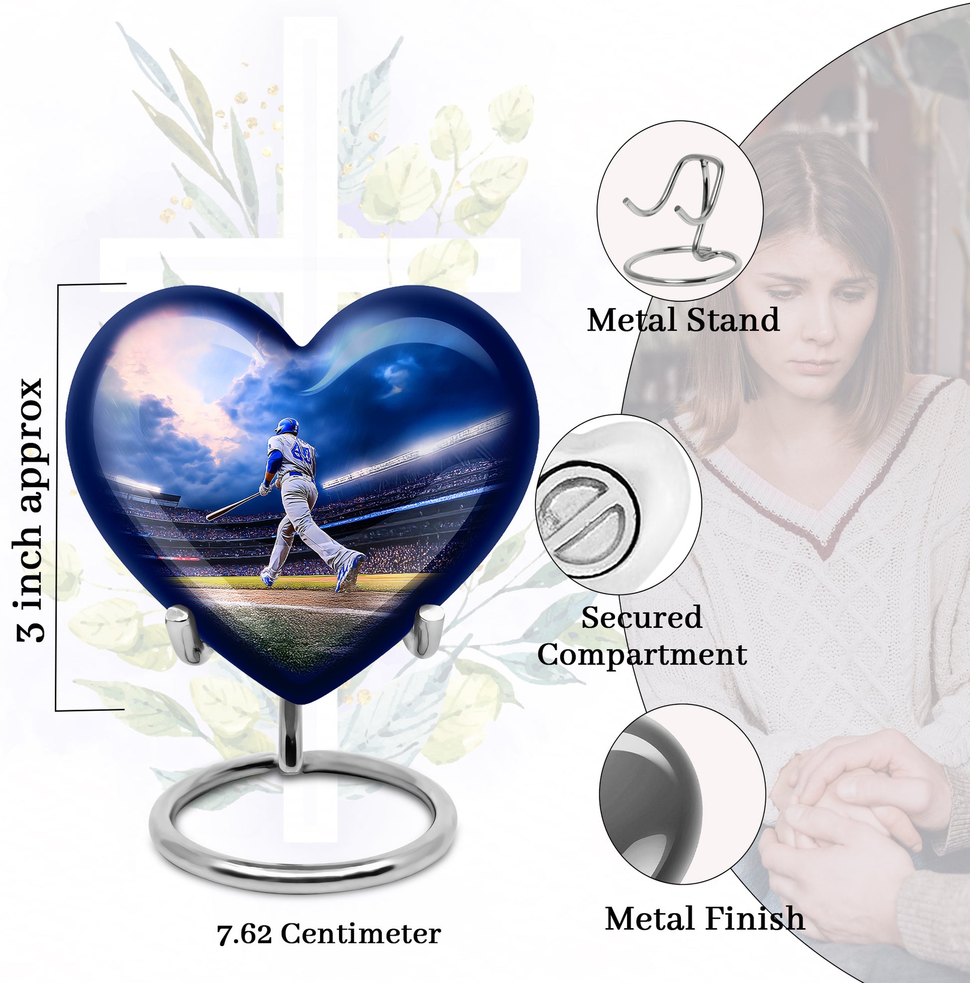 Navy Blue Baseball Cremation Urn front view showing detailed design - loving heart memorial featuring baseball pattern - mini keepsake memorial for portion of cremation ashes
