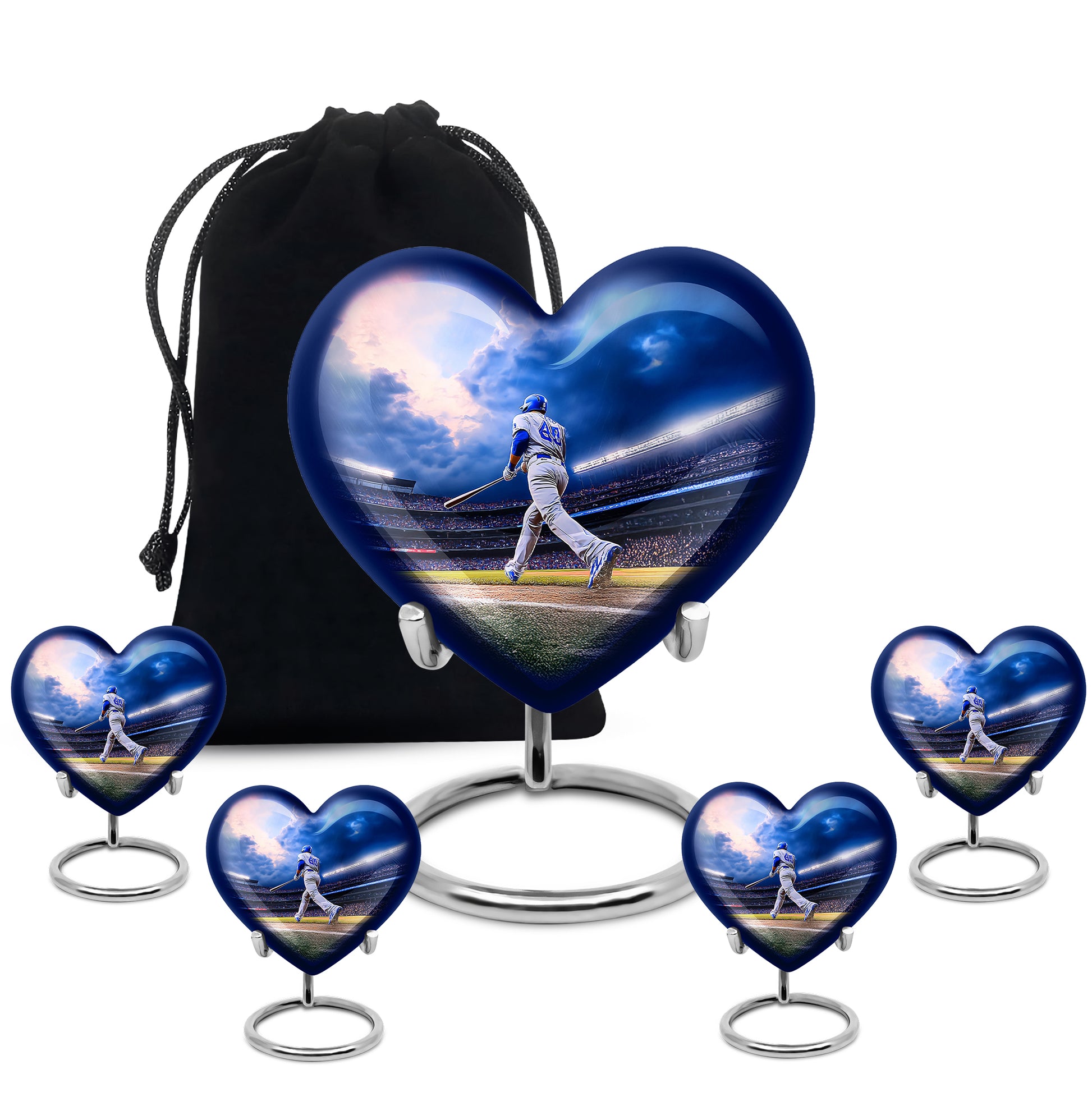 Slate Blue Baseball Cremation Urn close-up of engraving and surface detail - heart-shaped baseball design symbolizing eternal love - memorial set with one large and four small urns