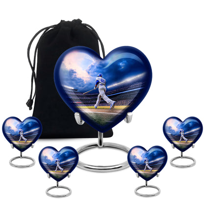 Slate Blue Baseball Cremation Urn close-up of engraving and surface detail - heart-shaped baseball design symbolizing eternal love - memorial set with one large and four small urns
