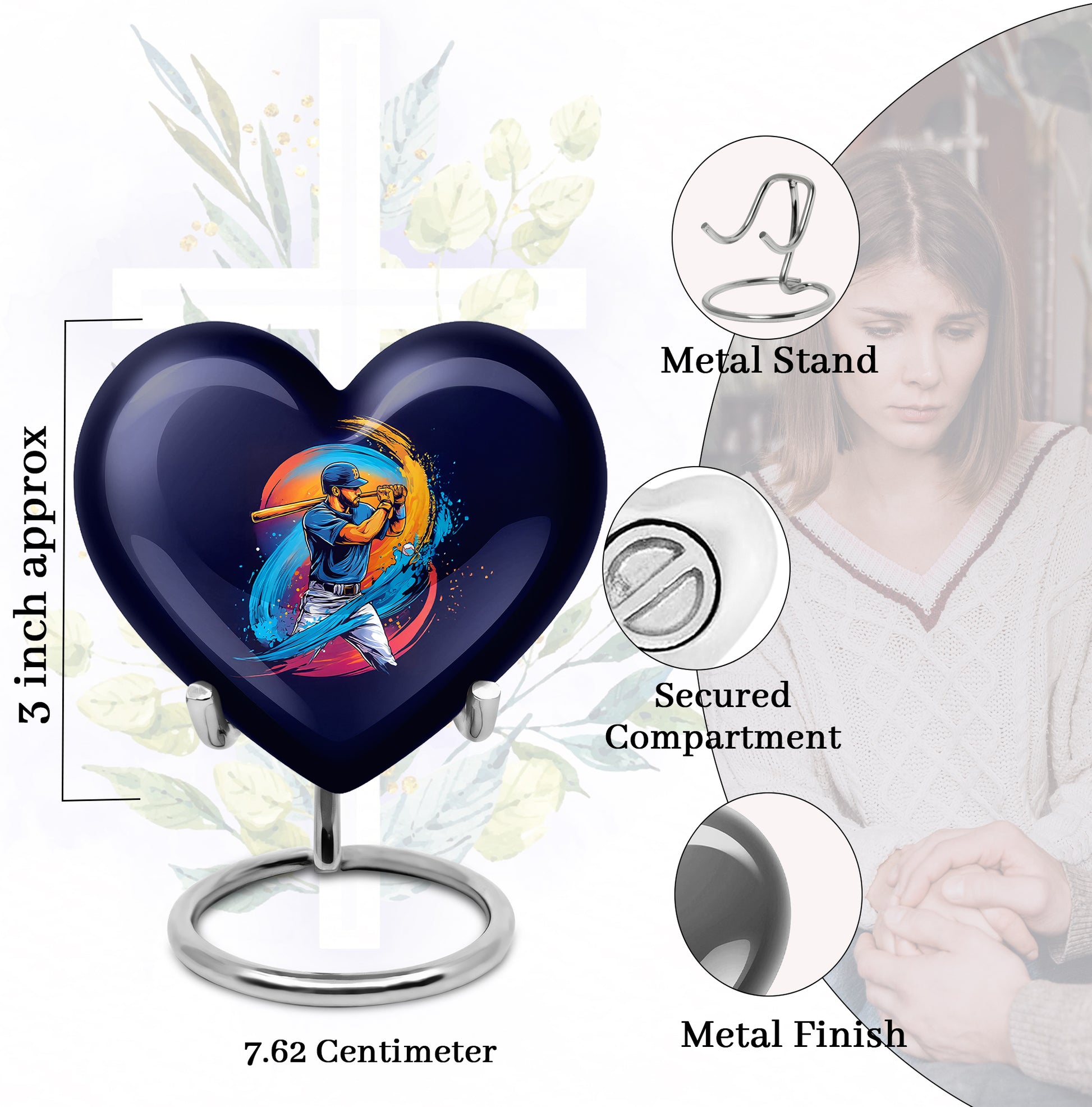 Powder Blue Baseball Cremation Urn front view showing detailed design - heart-shaped baseball design symbolizing eternal love - mini keepsake memorial for portion of cremation ashes