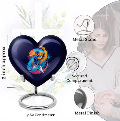 Powder Blue Baseball Cremation Urn front view showing detailed design - heart-shaped baseball design symbolizing eternal love - mini keepsake memorial for portion of cremation ashes