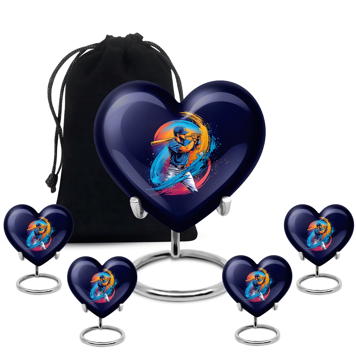 Serene Blue Baseball Cremation Urn close-up of engraving and surface detail - romantic heart urn with baseball motif on aluminum - memorial set with one large and four small urns