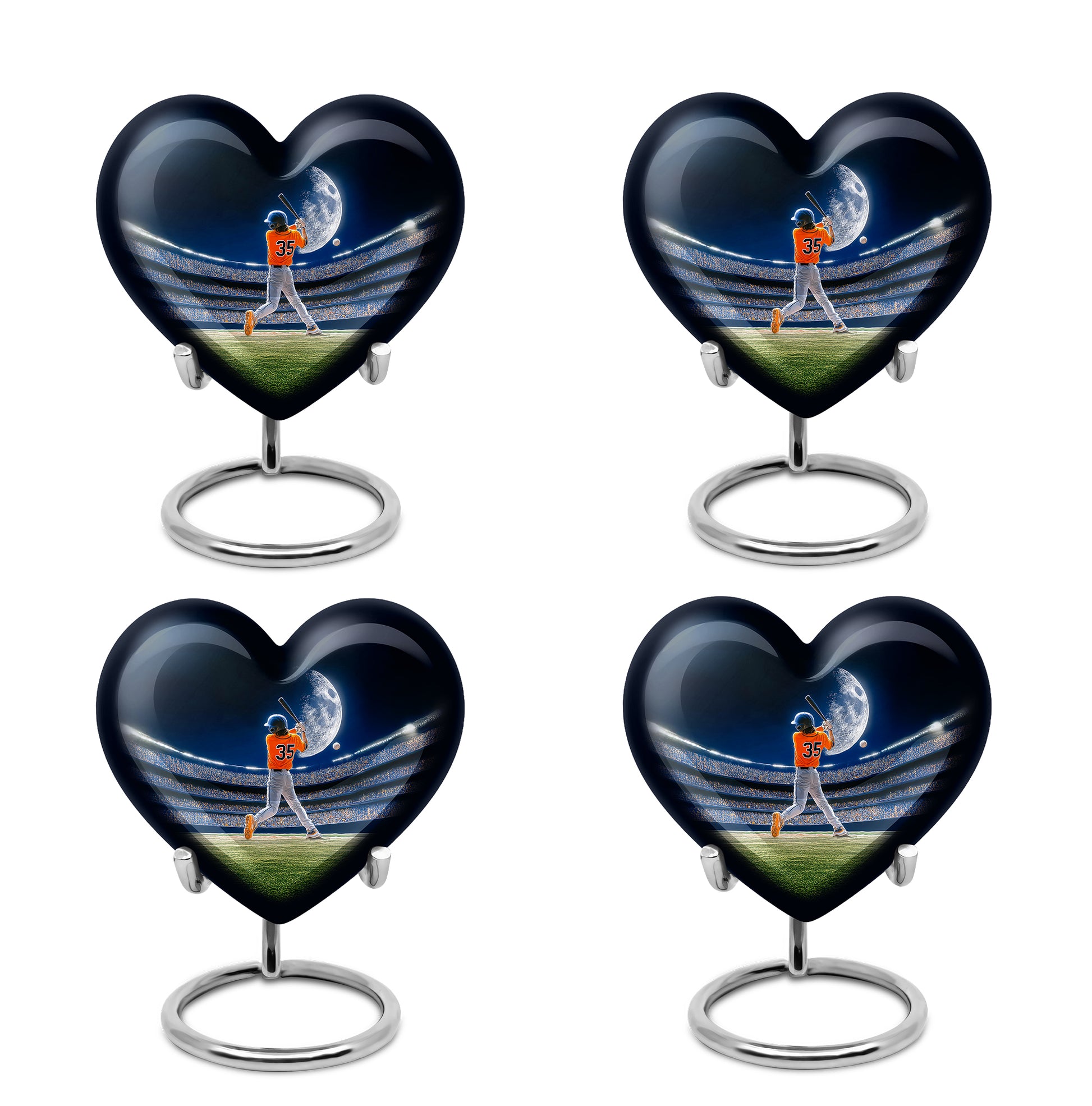 Twilight Blue Baseball Cremation Urn angled view of lid and engraved motif - compassionate heart-baseball combination with gentle curves - 10 inch aluminum urn for cremated remains