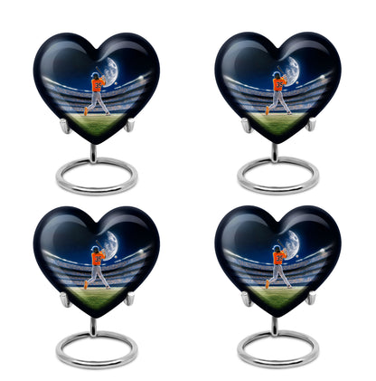 Twilight Blue Baseball Cremation Urn angled view of lid and engraved motif - compassionate heart-baseball combination with gentle curves - 10 inch aluminum urn for cremated remains