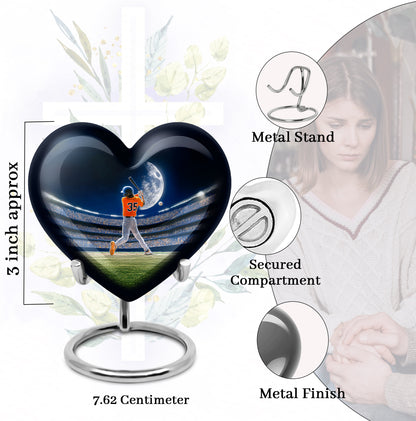 Serene Blue Baseball Cremation Urn front view showing detailed design - romantic heart urn with baseball motif on aluminum - mini keepsake memorial for portion of cremation ashes