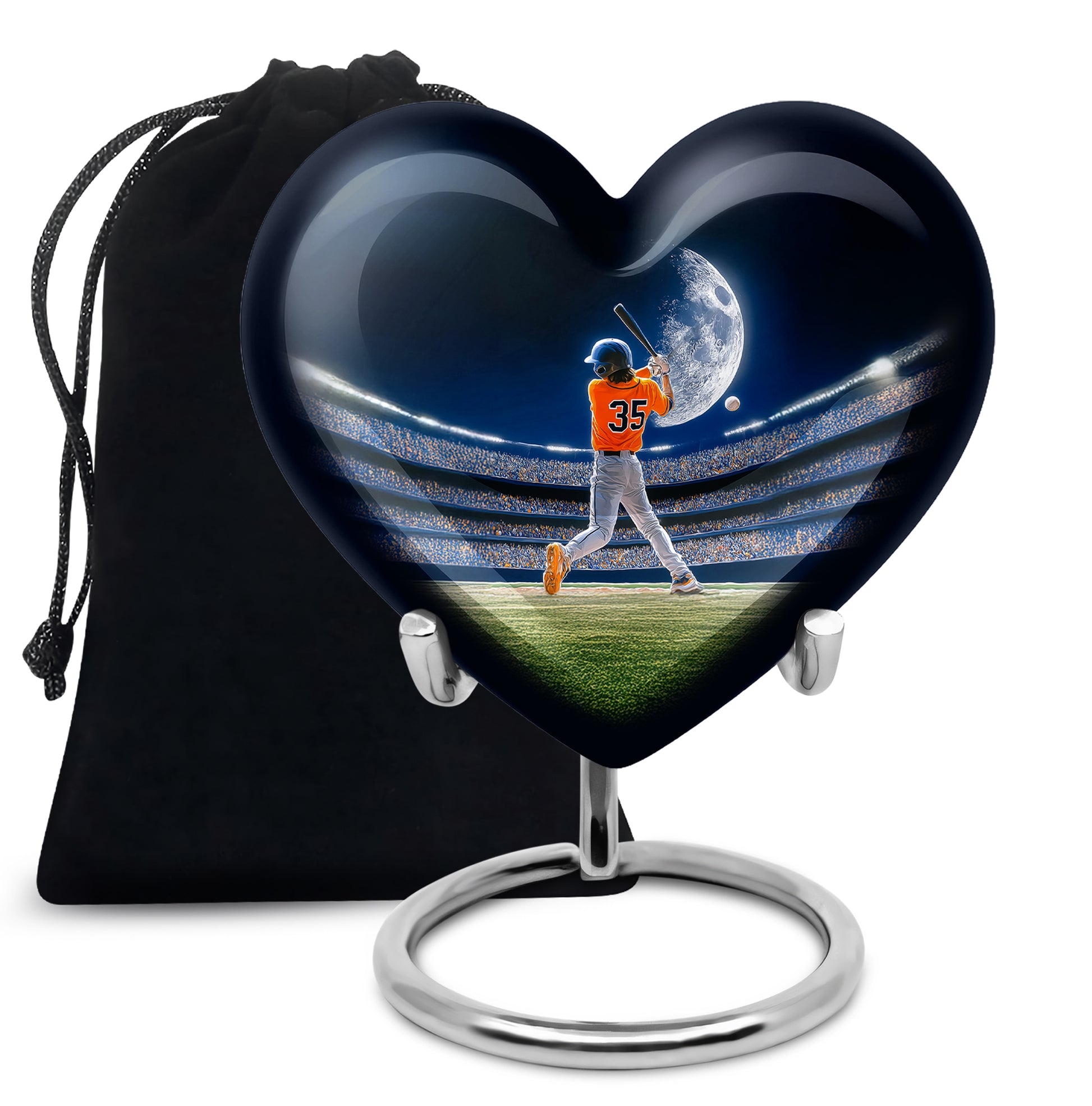 Sapphire Blue Baseball Cremation Urn detail view - romantic heart urn with baseball motif on aluminum - full-size 10 inch 200 cubic inch adult cremation urn