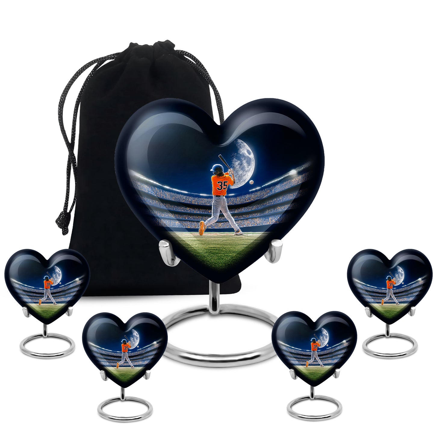 Azure Baseball Cremation Urn close-up of engraving and surface detail - heart-shaped baseball design symbolizing eternal love - memorial set with one large and four small urns