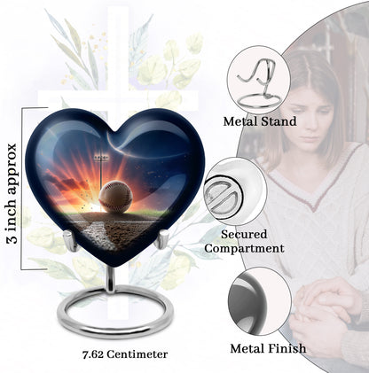 Twilight Blue Baseball Cremation Urn front view showing detailed design - romantic heart urn with baseball motif on aluminum - mini keepsake memorial for portion of cremation ashes