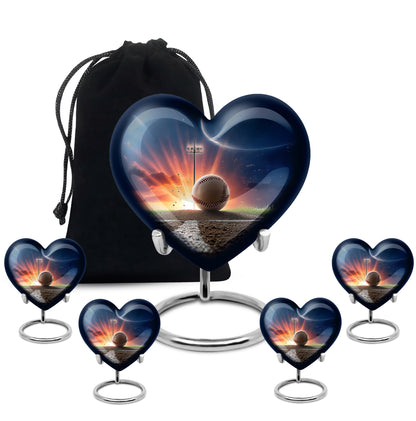 Twilight Blue Baseball Cremation Urn close-up of engraving and surface detail - romantic heart urn with baseball motif on aluminum - memorial set with one large and four small urns