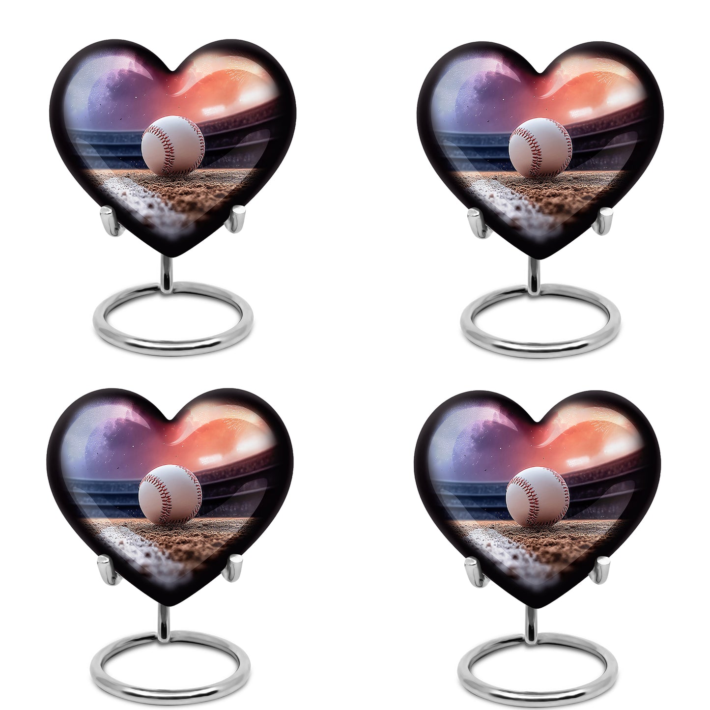 Orchid Purple Baseball Cremation Urn angled view of lid and engraved motif - loving heart memorial featuring baseball pattern - 10 inch aluminum urn for cremated remains