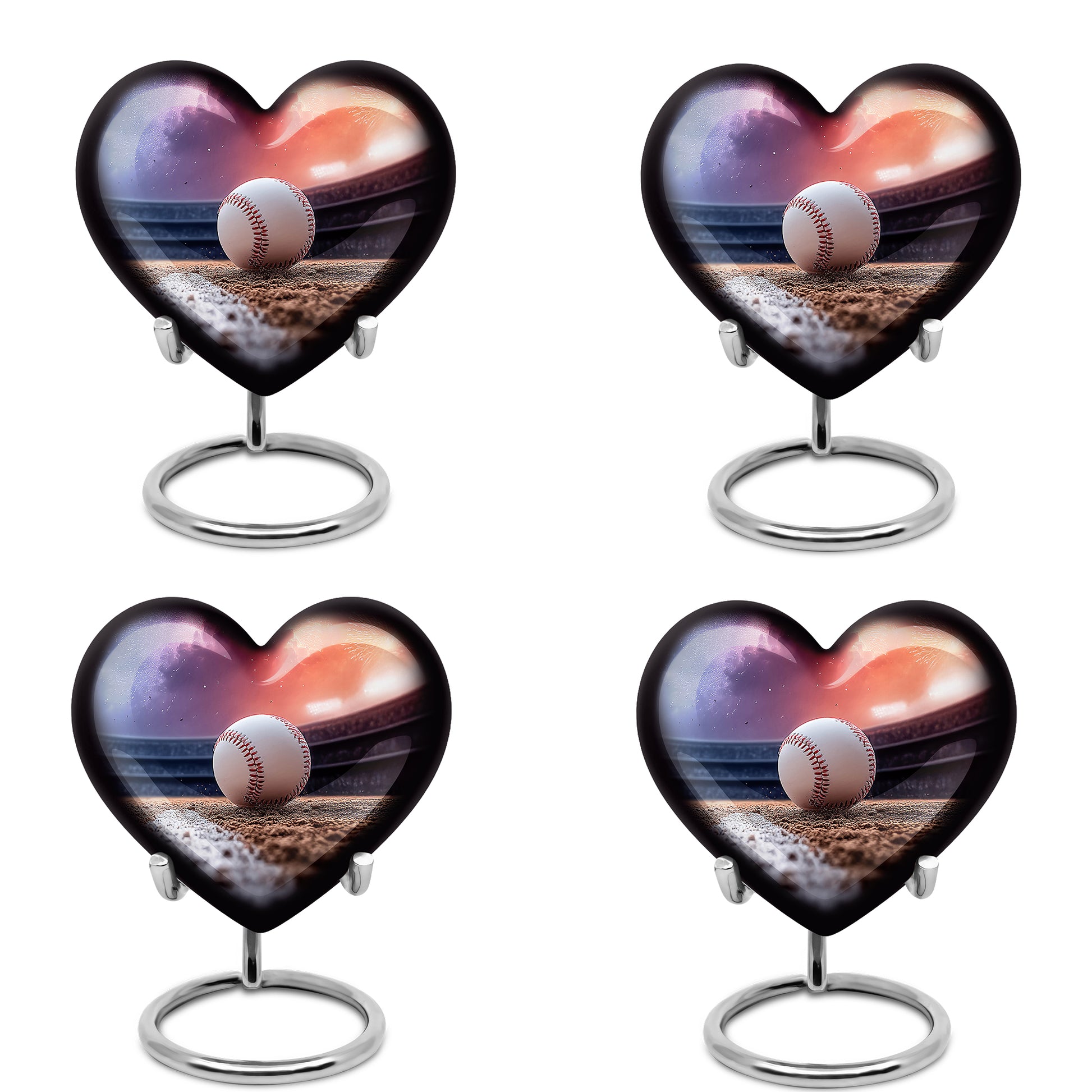 Orchid Purple Baseball Cremation Urn angled view of lid and engraved motif - loving heart memorial featuring baseball pattern - 10 inch aluminum urn for cremated remains
