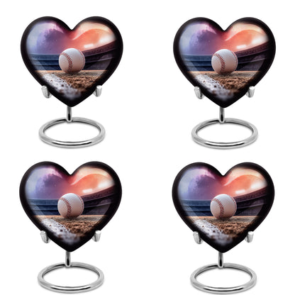 Orchid Purple Baseball Cremation Urn angled view of lid and engraved motif - loving heart memorial featuring baseball pattern - 10 inch aluminum urn for cremated remains
