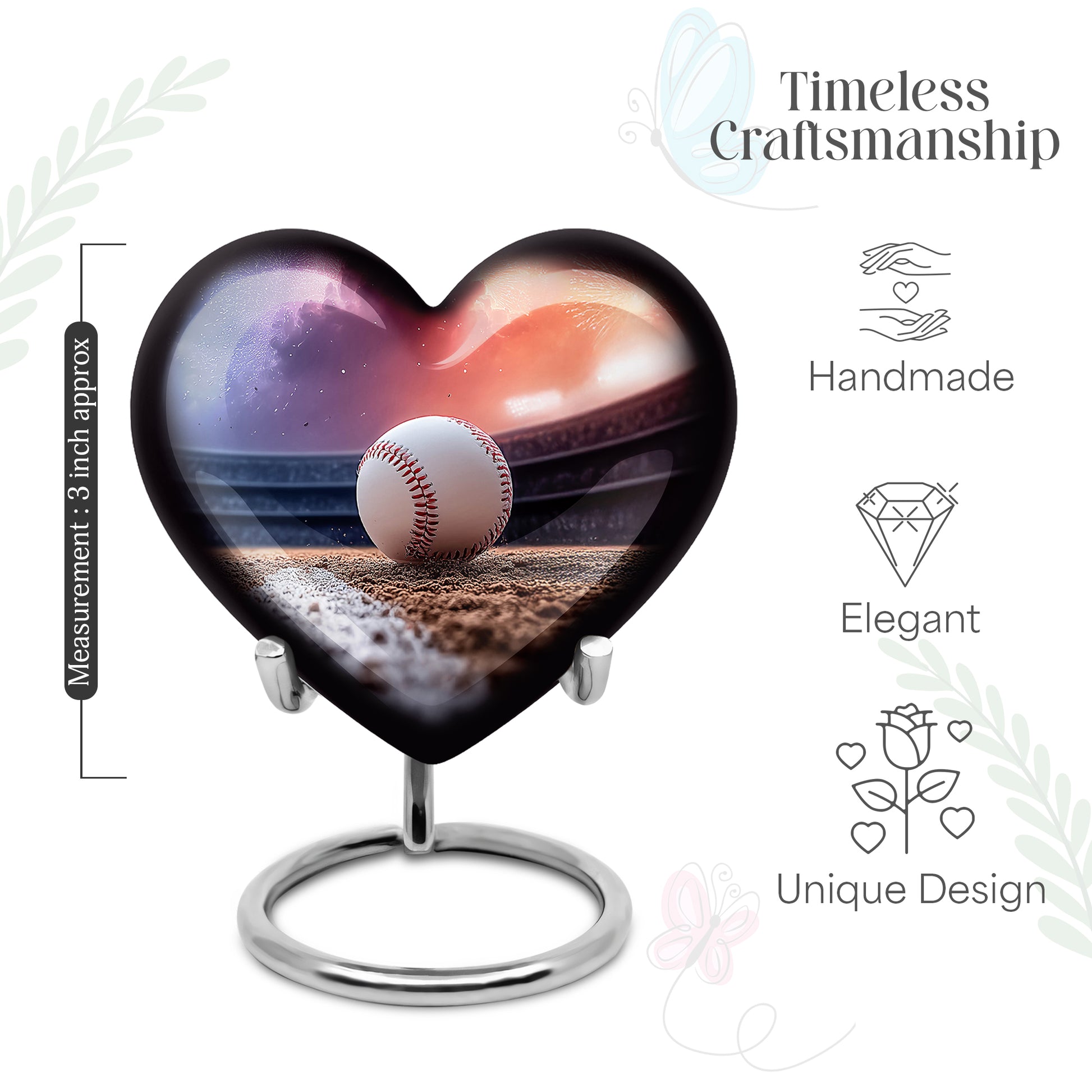Plum Purple Baseball Cremation Urn front view showing detailed design - heart-shaped baseball design symbolizing eternal love - mini keepsake memorial for portion of cremation ashes