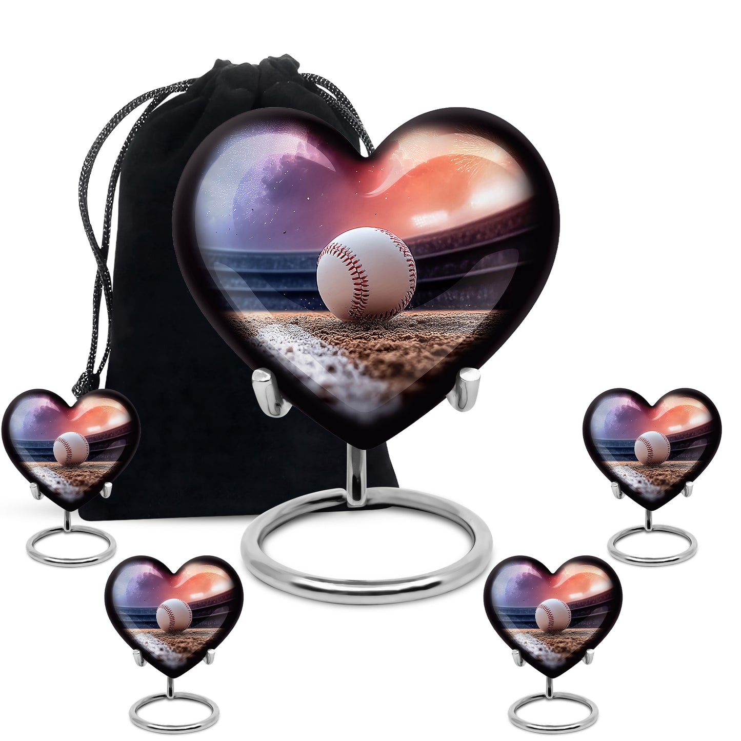 Orchid Purple Baseball Cremation Urn close-up of engraving and surface detail - loving heart memorial featuring baseball pattern - memorial set with one large and four small urns