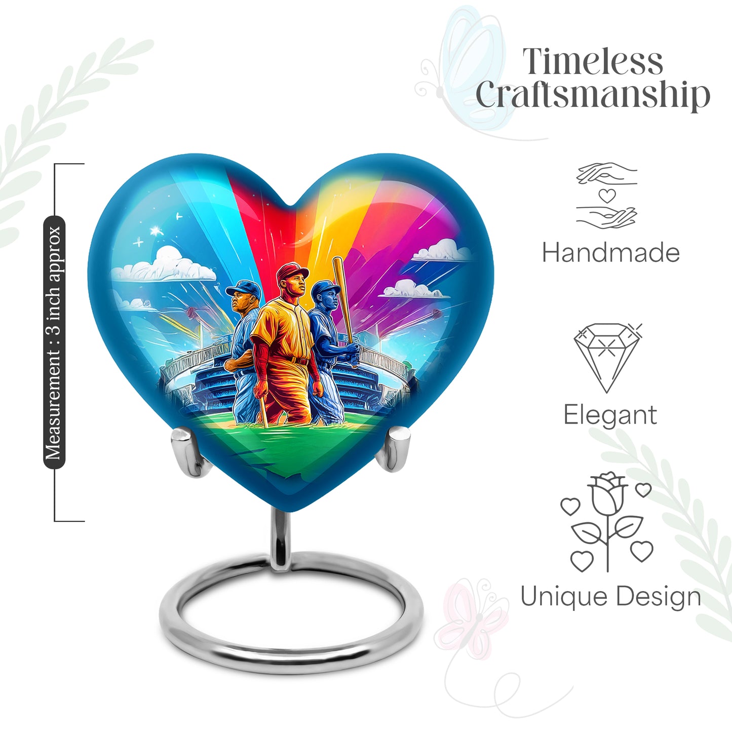 Misty Blue Baseball Cremation Urn front view showing detailed design - loving heart memorial featuring baseball pattern - mini keepsake memorial for portion of cremation ashes