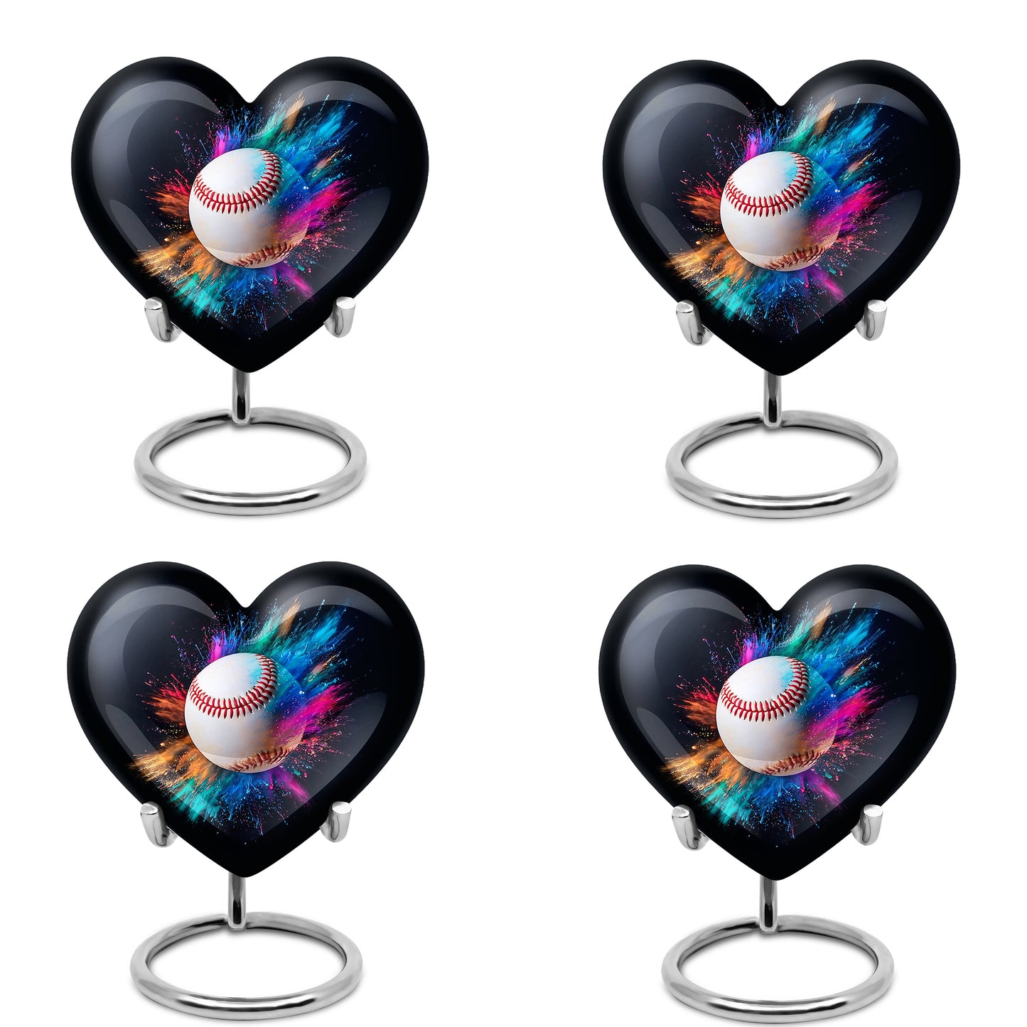 Ebony Baseball Cremation Urn angled view of lid and engraved motif - heart-shaped baseball design symbolizing eternal love - 10 inch aluminum urn for cremated remains