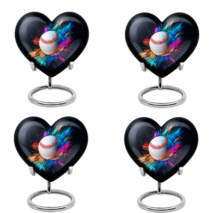 Ebony Baseball Cremation Urn angled view of lid and engraved motif - heart-shaped baseball design symbolizing eternal love - 10 inch aluminum urn for cremated remains