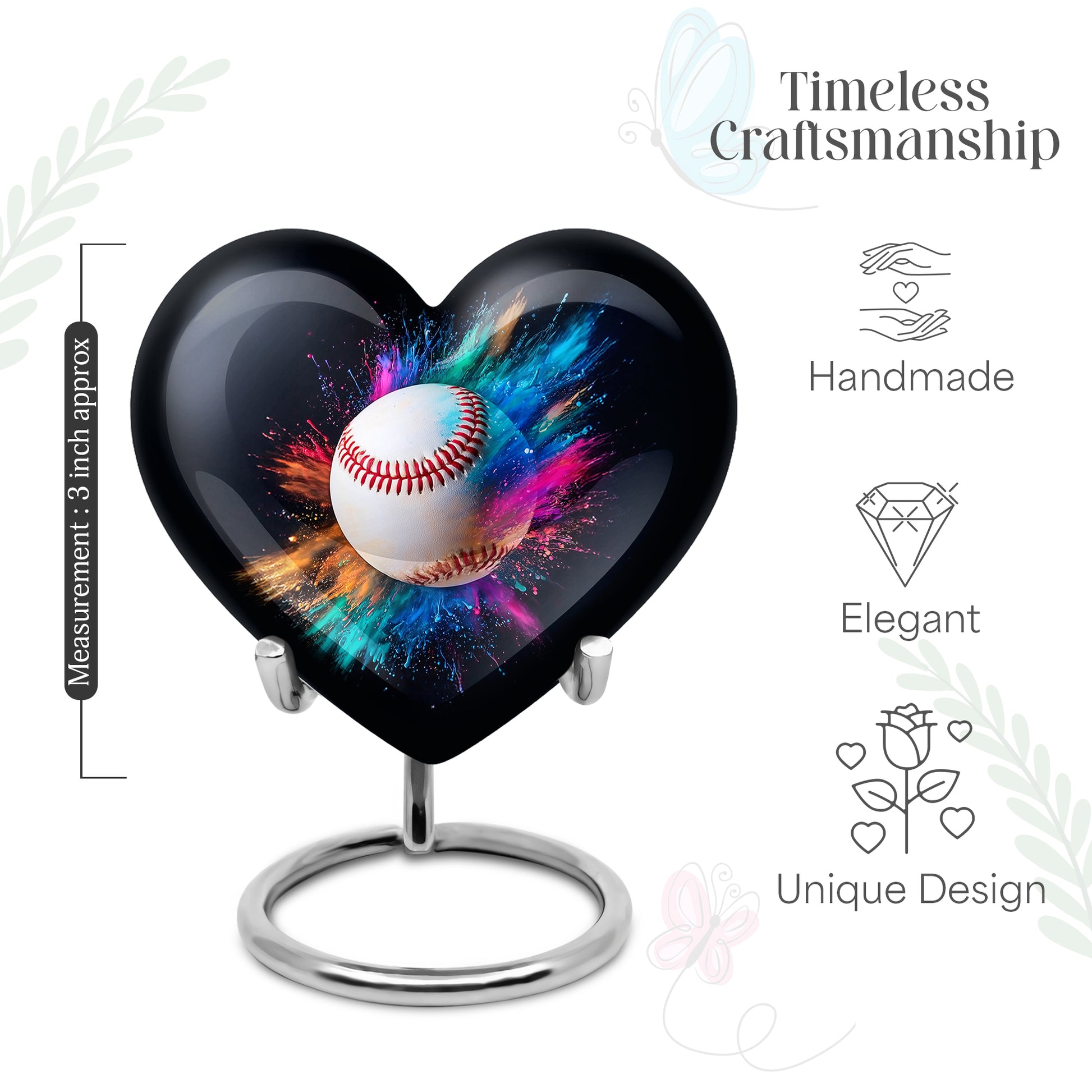 Glossy Black Baseball Cremation Urn front view showing detailed design - heart-shaped baseball design symbolizing eternal love - mini keepsake memorial for portion of cremation ashes