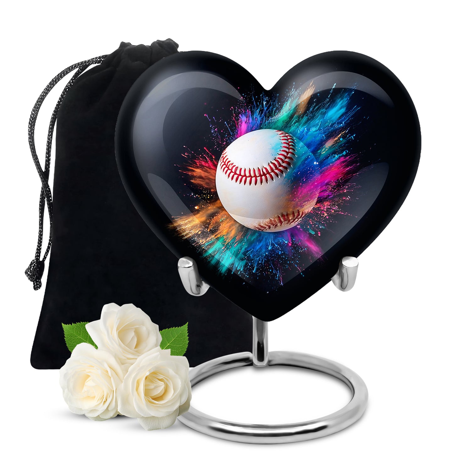 Charcoal Black Baseball Cremation Urn detail view - compassionate heart-baseball combination with gentle curves - full-size 10 inch 200 cubic inch adult cremation urn