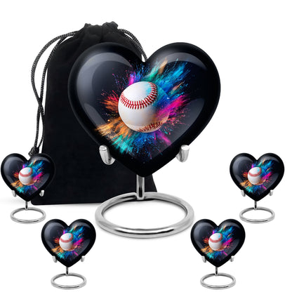 Deep Black Baseball Cremation Urn close-up of engraving and surface detail - heart-shaped baseball design symbolizing eternal love - memorial set with one large and four small urns