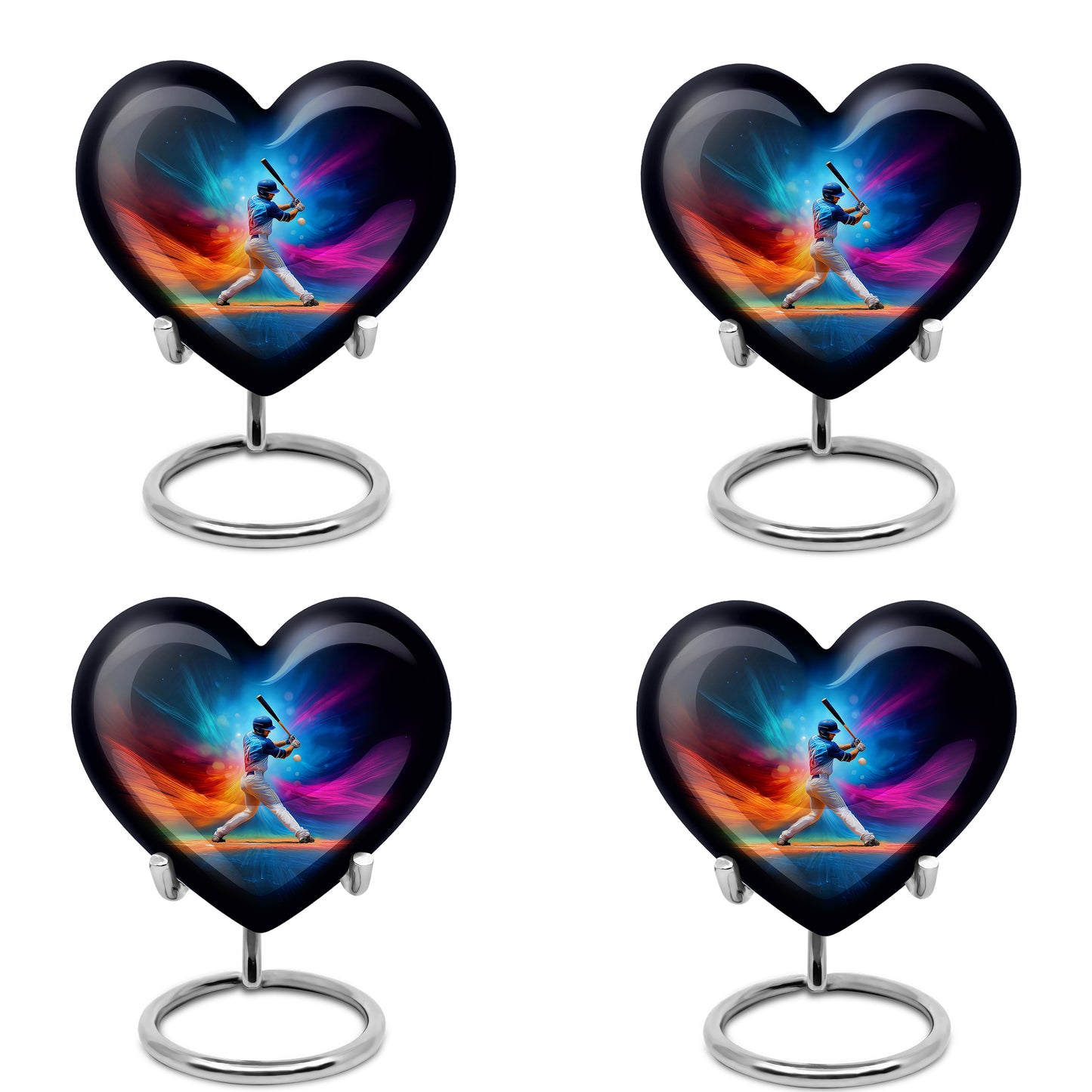 Celestial Blue Baseball Cremation Urn angled view of lid and engraved motif - heart-shaped baseball design symbolizing eternal love - 10 inch aluminum urn for cremated remains
