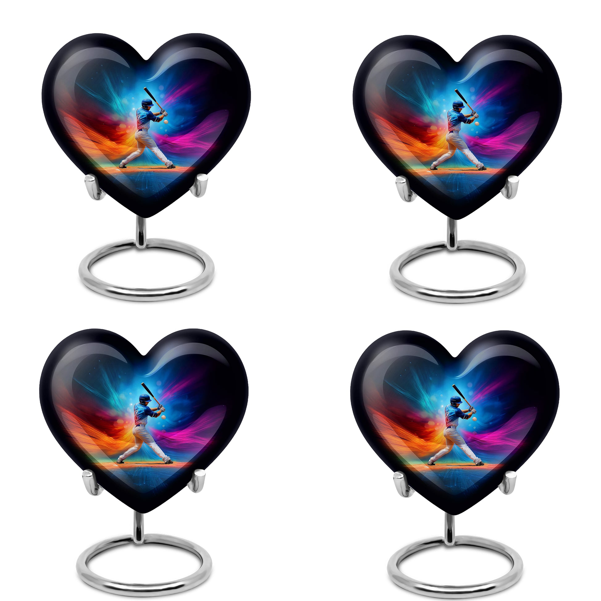 Celestial Blue Baseball Cremation Urn angled view of lid and engraved motif - heart-shaped baseball design symbolizing eternal love - 10 inch aluminum urn for cremated remains