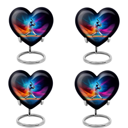 Celestial Blue Baseball Cremation Urn angled view of lid and engraved motif - heart-shaped baseball design symbolizing eternal love - 10 inch aluminum urn for cremated remains