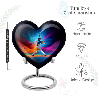 Indigo Baseball Cremation Urn front view showing detailed design - heart-shaped baseball design symbolizing eternal love - mini keepsake memorial for portion of cremation ashes