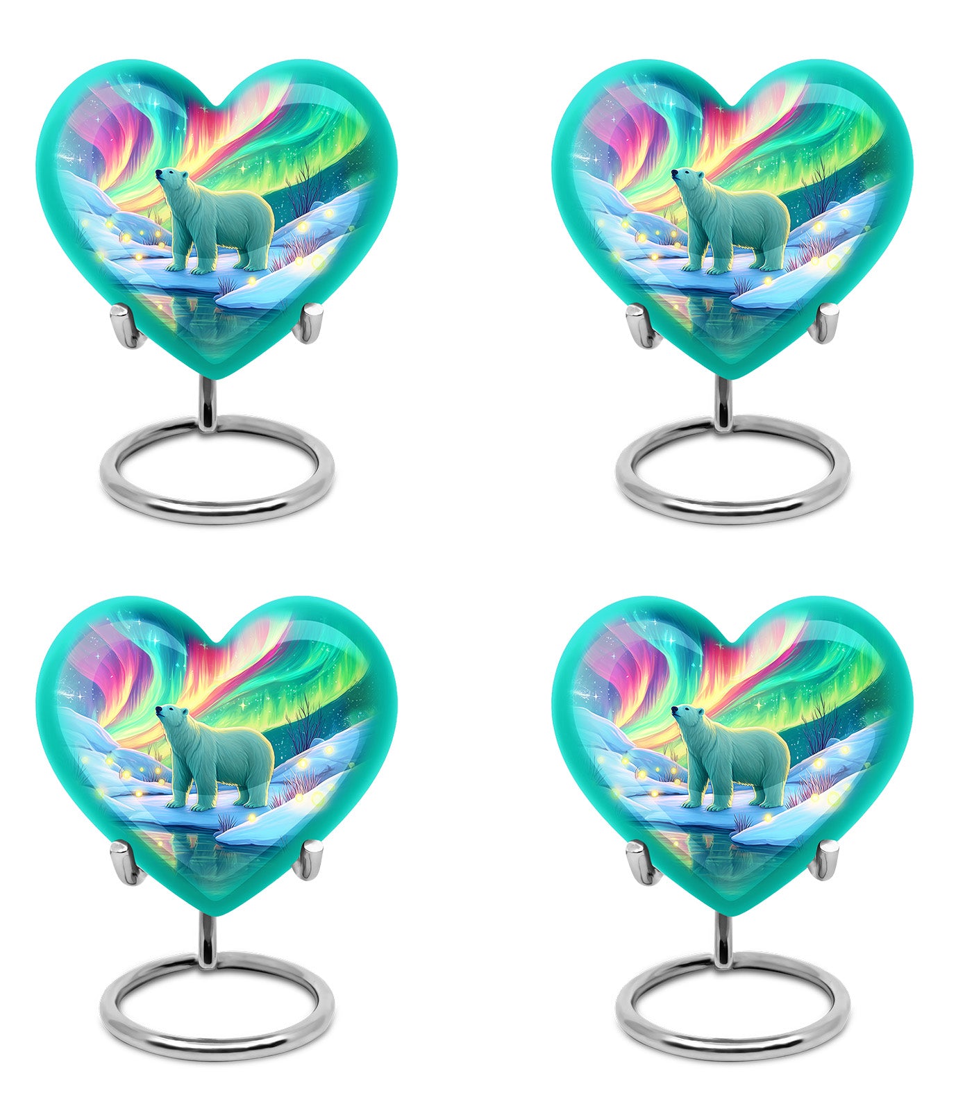 Soft Teal Bear Cremation Urn angled view of lid and engraved motif - loving heart memorial featuring bear pattern - 10 inch aluminum urn for cremated remains