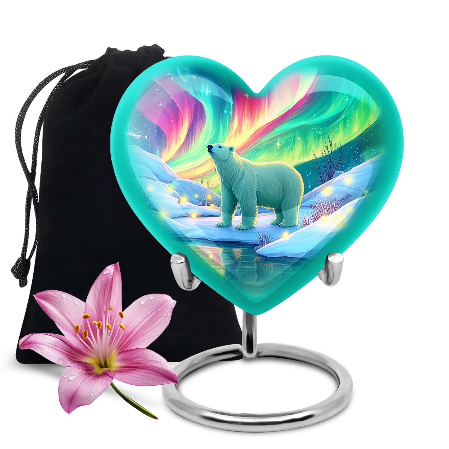 Ocean Teal Bear Cremation Urn detail view - heart-shaped bear design symbolizing eternal love - full-size 10 inch 200 cubic inch adult cremation urn
