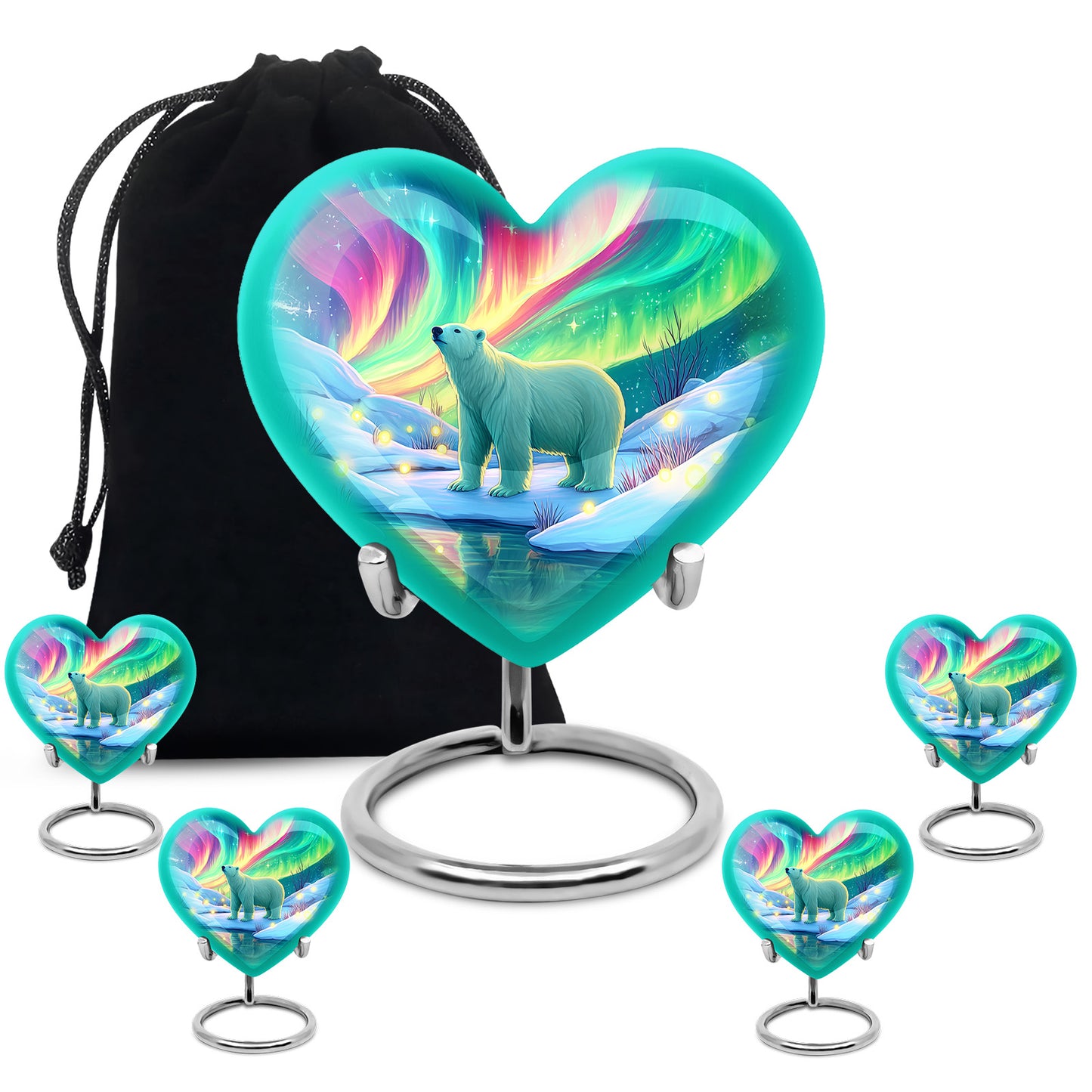 Ocean Teal Bear Cremation Urn close-up of engraving and surface detail - heart-shaped bear design symbolizing eternal love - memorial set with one large and four small urns