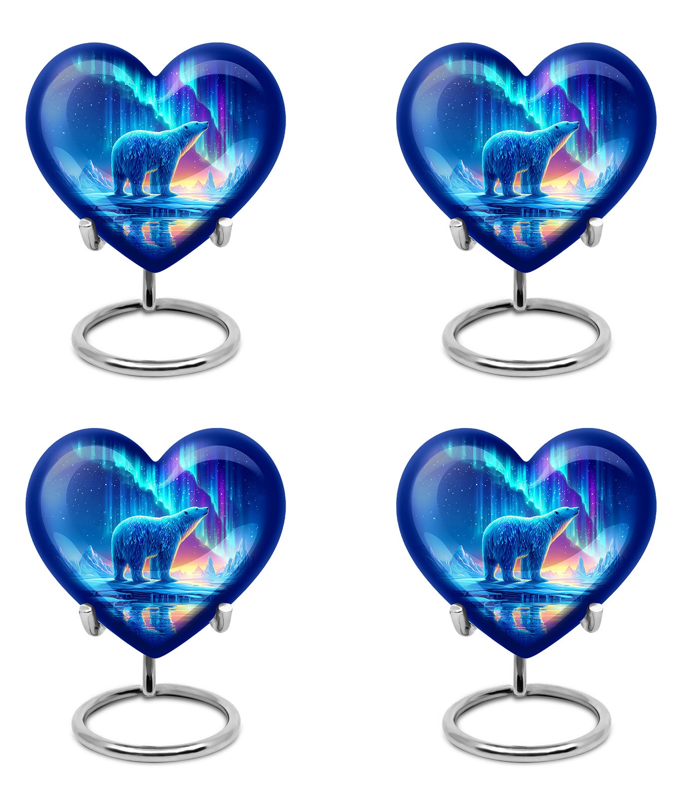 Navy Blue Bear Cremation Urn angled view of lid and engraved motif - loving heart memorial featuring bear pattern - 10 inch aluminum urn for cremated remains