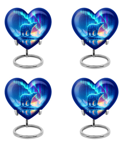 Navy Blue Bear Cremation Urn angled view of lid and engraved motif - loving heart memorial featuring bear pattern - 10 inch aluminum urn for cremated remains