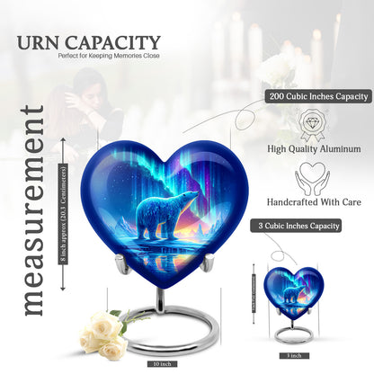 Navy Blue Bear Cremation Urn front view showing detailed design - loving heart memorial featuring bear pattern - mini keepsake memorial for portion of cremation ashes