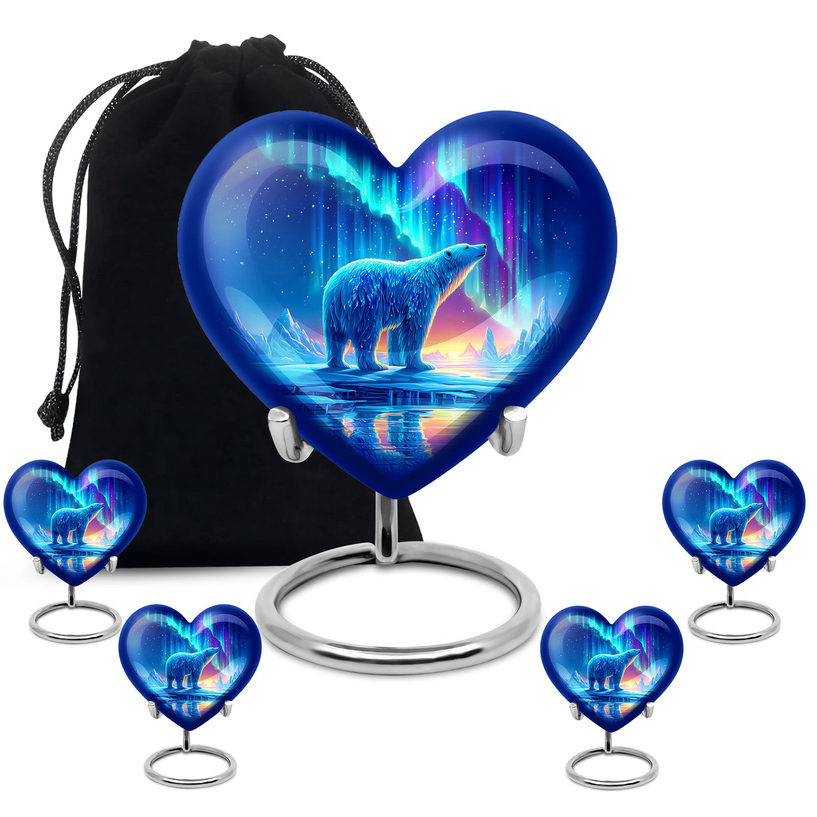 Pastel Blue Bear Cremation Urn close-up of engraving and surface detail - heart-shaped bear design symbolizing eternal love - memorial set with one large and four small urns