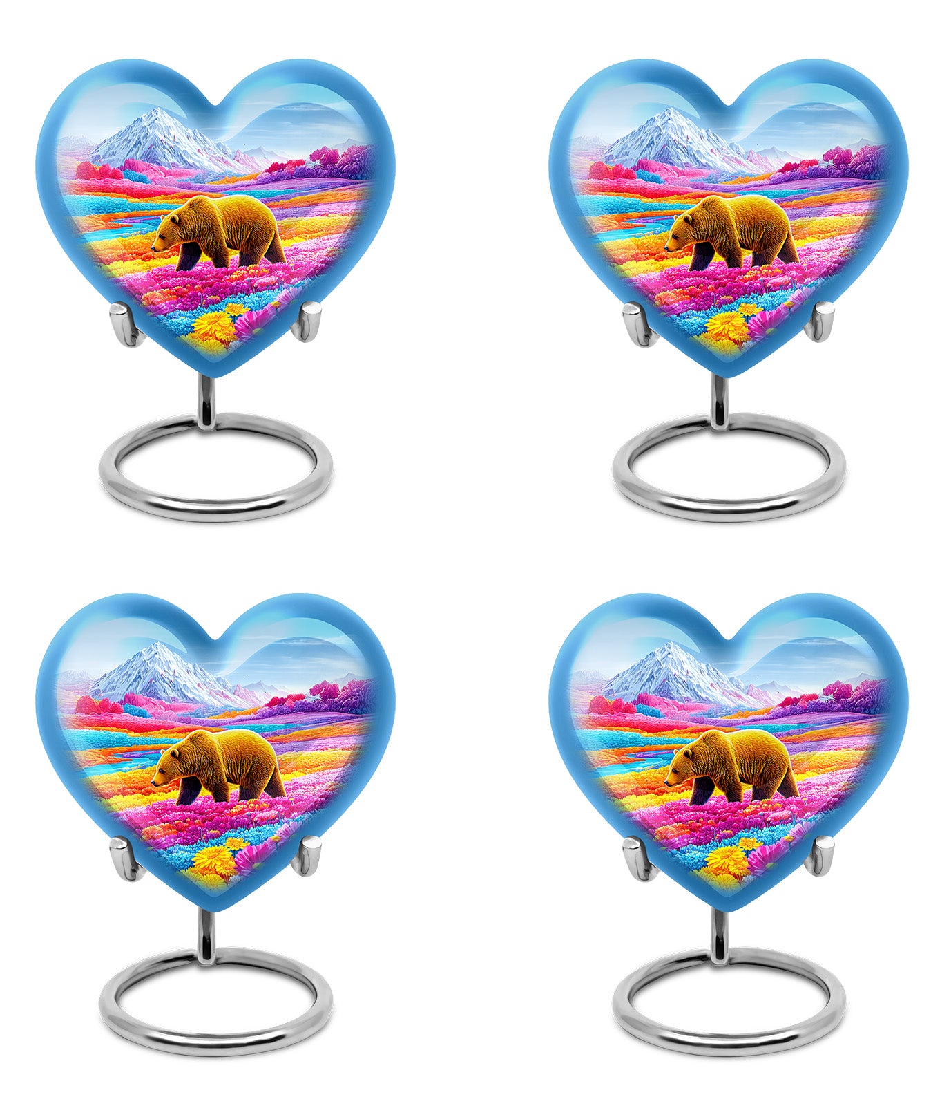 Cornflower Blue Bear Cremation Urn angled view of lid and engraved motif - compassionate heart-bear combination with gentle curves - 10 inch aluminum urn for cremated remains