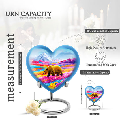 Steel Blue Bear Cremation Urn front view showing detailed design - romantic heart urn with bear motif on aluminum - mini keepsake memorial for portion of cremation ashes