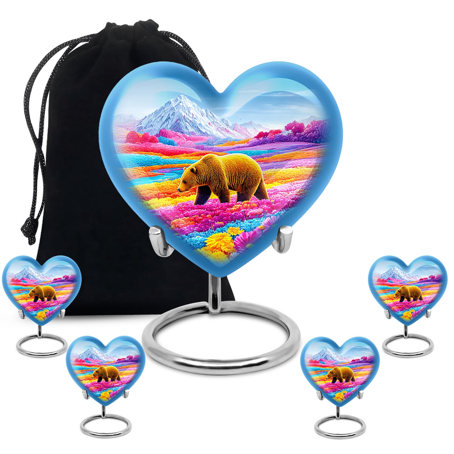 Sapphire Blue Bear Cremation Urn close-up of engraving and surface detail - compassionate heart-bear combination with gentle curves - memorial set with one large and four small urns