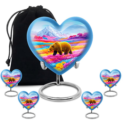 Sapphire Blue Bear Cremation Urn close-up of engraving and surface detail - compassionate heart-bear combination with gentle curves - memorial set with one large and four small urns