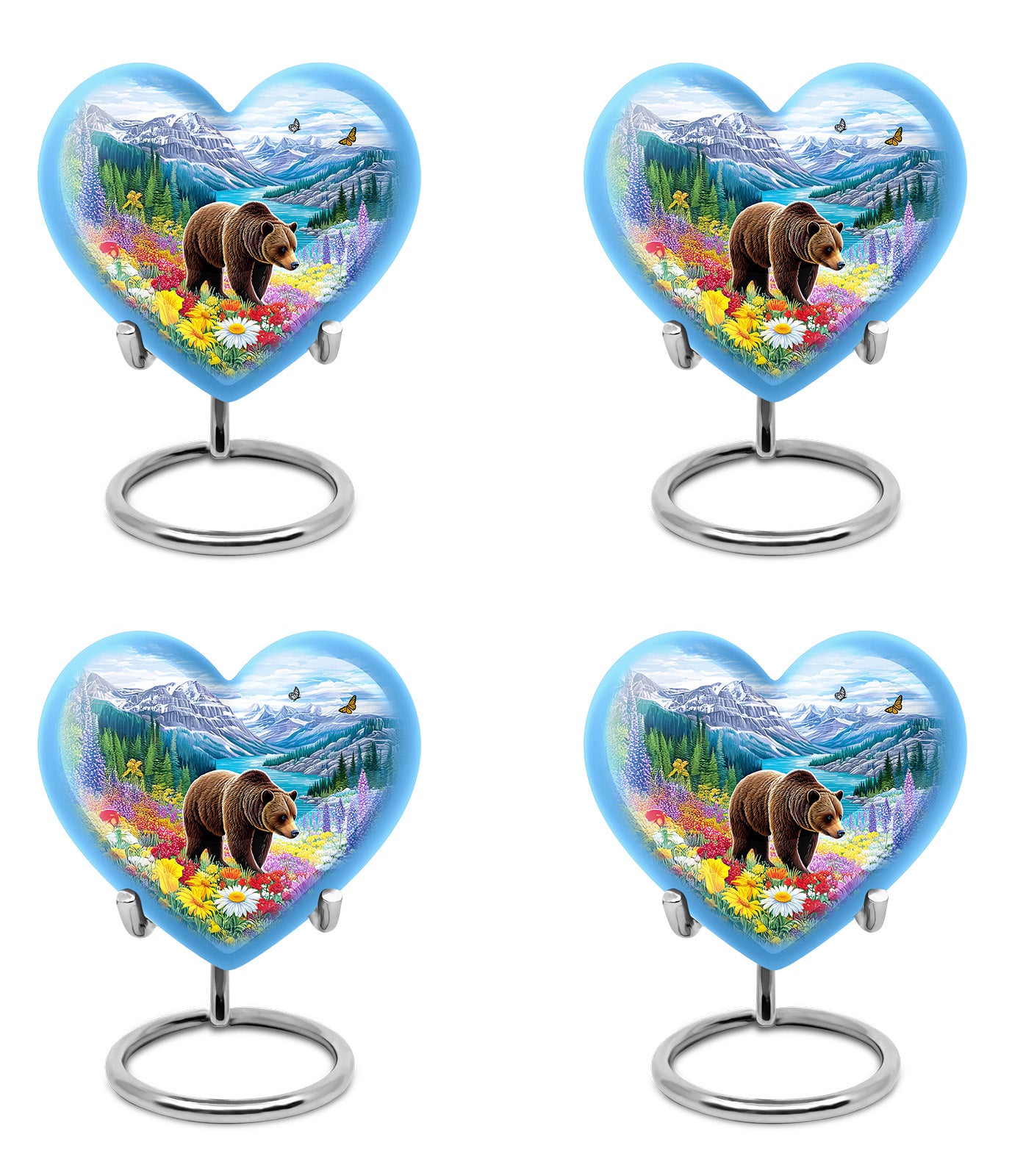 Cornflower Blue Bear Cremation Urn angled view of lid and engraved motif - compassionate heart-bear combination with gentle curves - 10 inch aluminum urn for cremated remains