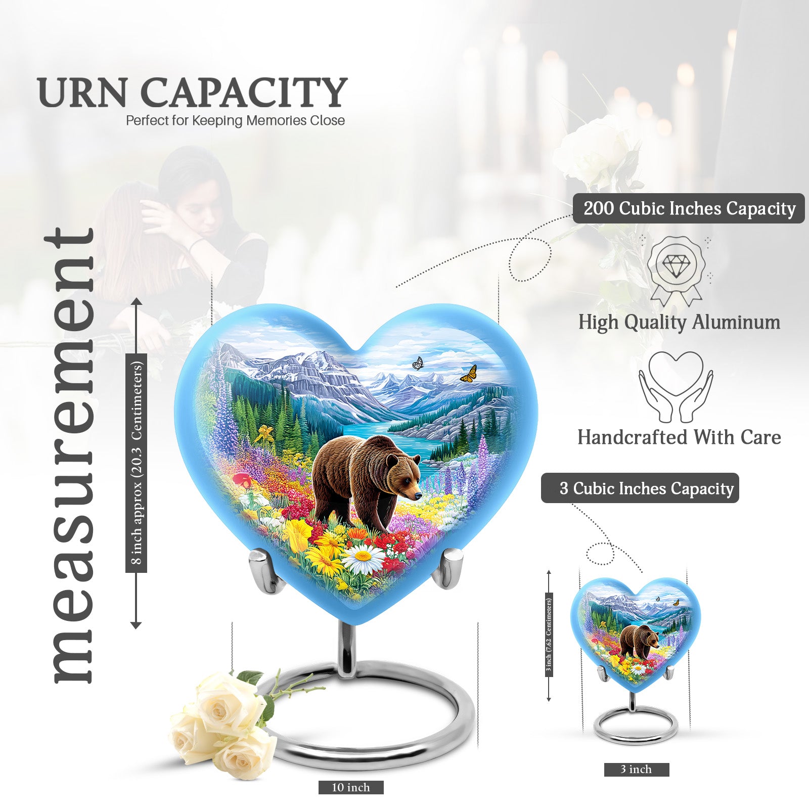 Powder Blue Bear Cremation Urn front view showing detailed design - loving heart memorial featuring bear pattern - mini keepsake memorial for portion of cremation ashes