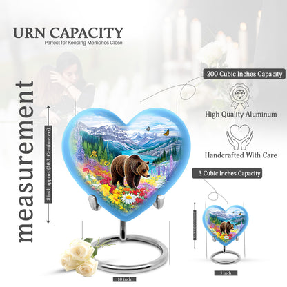 Powder Blue Bear Cremation Urn front view showing detailed design - loving heart memorial featuring bear pattern - mini keepsake memorial for portion of cremation ashes