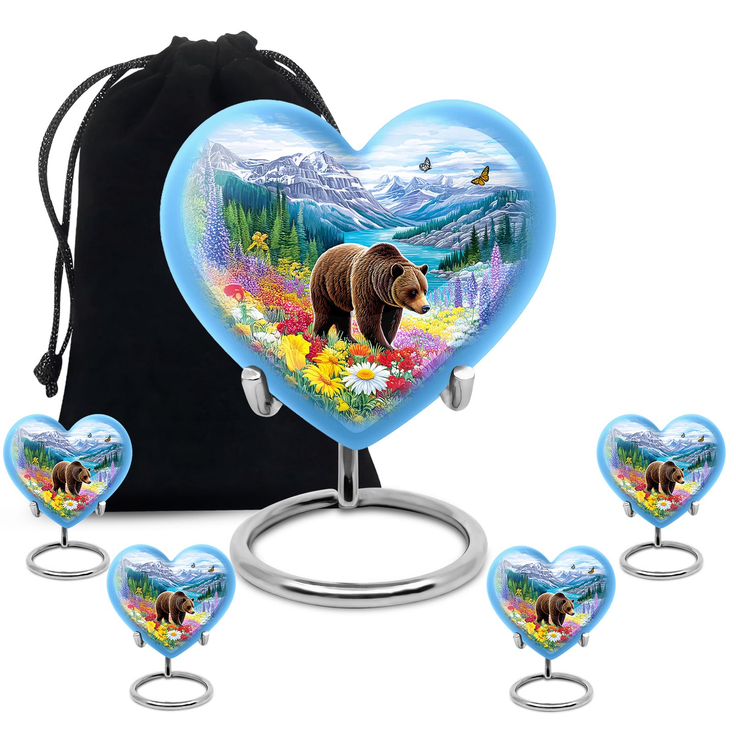 Steel Blue Bear Cremation Urn close-up of engraving and surface detail - compassionate heart-bear combination with gentle curves - memorial set with one large and four small urns