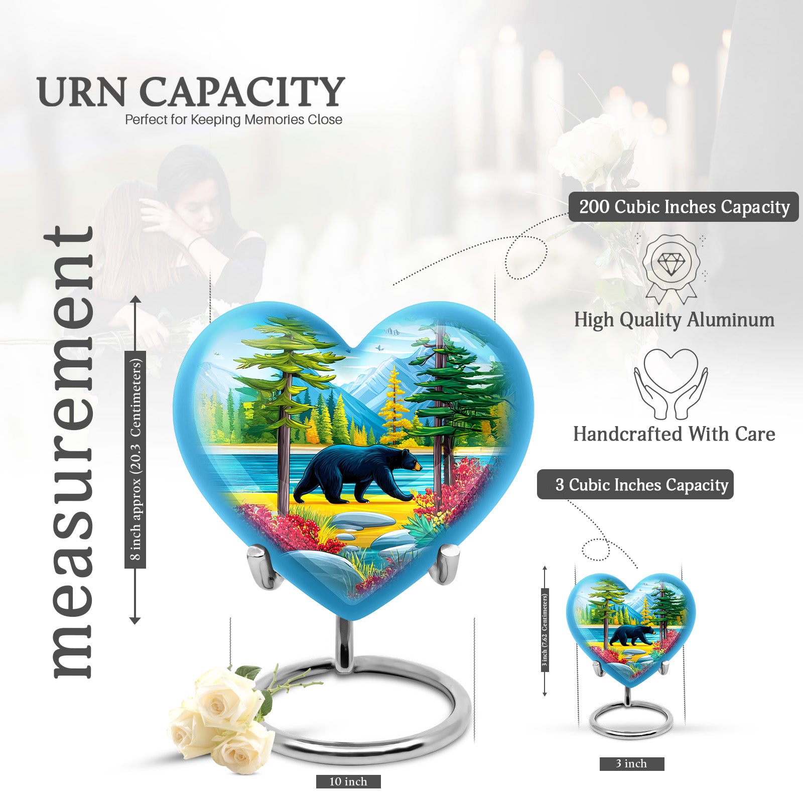 Azure Bear Cremation Urn front view showing detailed design - heart-shaped bear design symbolizing eternal love - mini keepsake memorial for portion of cremation ashes