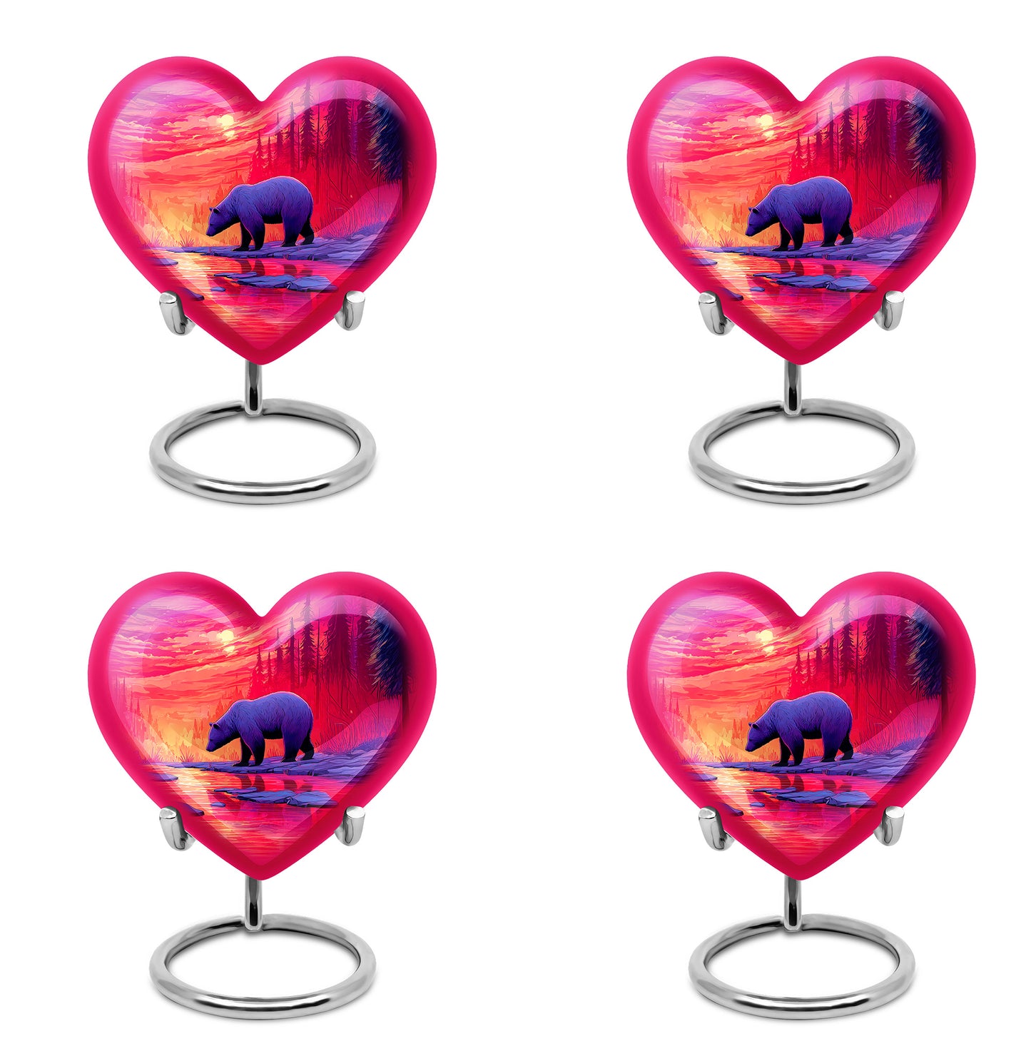 Vintage Pink Bear Cremation Urn angled view of lid and engraved motif - compassionate heart-bear combination with gentle curves - 10 inch aluminum urn for cremated remains